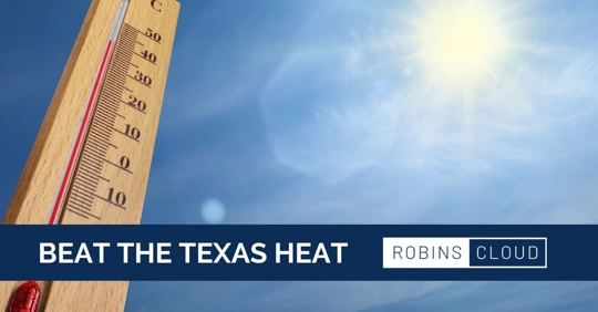 Picture of a thermometer with a banner that reads, " Beat the Texas heat."