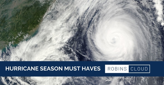 Picture of a hurricane on a map with a banner that reads, "Hurricane season must haves."